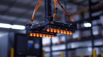 A robotic arm with orange lights, showcasing advanced automation technology. photo