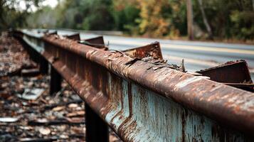 A close up of a rusty, weathered railing beside an overgrown road. photo