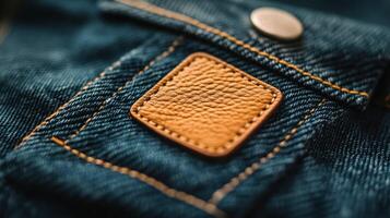 Close up of denim fabric with leather patch and stitching detail. photo