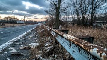 A desolate roadside view featuring rusted guardrails and overgrown weeds. photo
