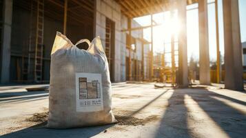 A sack of construction material at a sunlit building site. photo