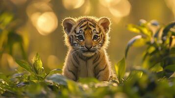 A close up of a young tiger cub in a serene, sunlit jungle setting. photo