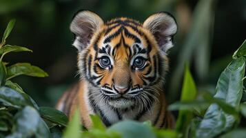 A young tiger cub peeks through lush green foliage, displaying curiosity. photo