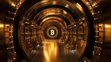 A futuristic tunnel featuring a glowing Bitcoin symbol in gold. photo