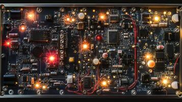 Close up of a lit circuit board showcasing intricate electronic components. photo