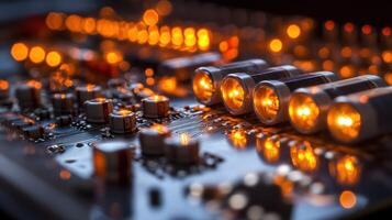 A close up of a circuit board with glowing lights and warm tones. photo