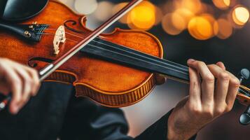 Close up of a violinist playing with warm bokeh lights in the background. photo
