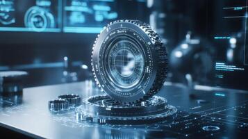 A futuristic gear design displayed with digital interface elements. photo