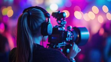 A photographer captures vibrant nightlife with a camera amid colorful lights. photo