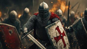 A fierce medieval battle scene with armored knights charging forward. photo