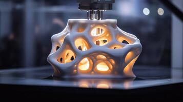 An intricate 3D printed lamp casting a warm glow in a modern setting. photo