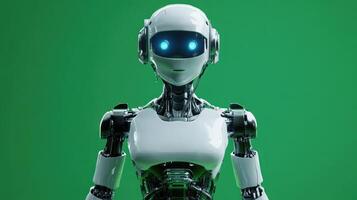 A sleek humanoid robot with glowing blue eyes in a green background. photo