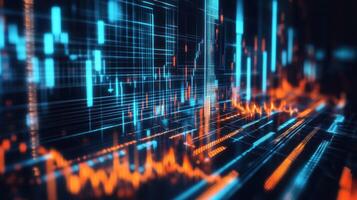 Abstract data visualization with glowing graphs and charts in blue and orange. photo