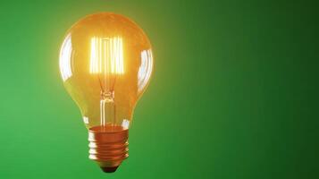 A glowing vintage light bulb against a vibrant green background. photo