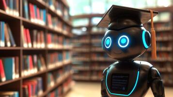 A friendly robot in a library setting, celebrating education with a grad cap. photo