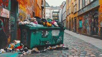 A cluttered alley with a green dumpster overflowing with clothes and graffiti. photo