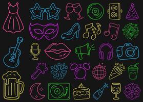 Colorful party including dresses, drinks, music notes, and more create festive atmosphere vector