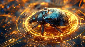 A glowing metallic beetle on a mystical patterned backdrop. photo