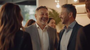 Two men enjoy a joyful conversation at a corporate networking event. photo
