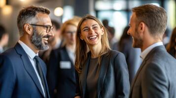 Professionals engaging in a lively business conversation at an event. photo