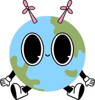 Cute cartoon Earth character with wind turbines, smiling and playful vector
