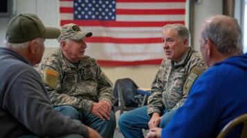Veterans engaged in a thoughtful discussion, showcasing camaraderie. photo