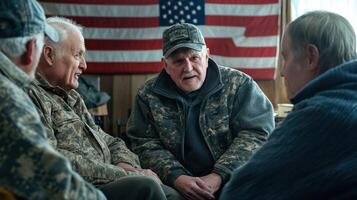 Veterans engaged in deep conversation against an American flag backdrop. photo