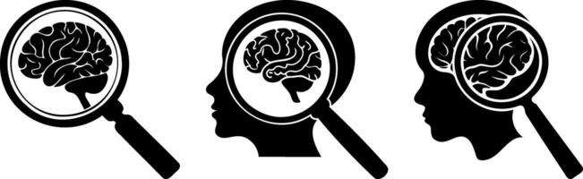 image features silhouettes of heads with magnifying glasses focusing brains, symbolizing vector