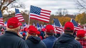 A crowd of supporters waving American flags at a rally. photo