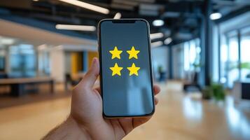 A hand holding a smartphone displaying a three star rating in an office. photo