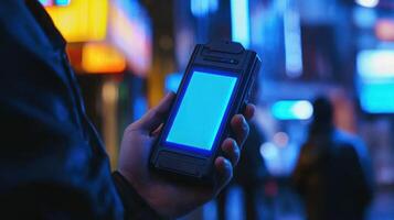 A hand holds a smartphone displaying a blue screen in a vibrant urban setting. photo
