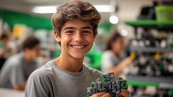 A joyful boy proudly holds a robotics project in a workshop setting. photo