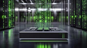 Futuristic data center with glowing green binary code projection. photo