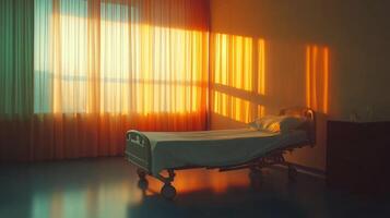 A tranquil hospital room with soft sunlight casting warm shadows. photo