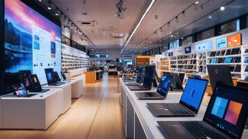 Modern tech store showcasing laptops with an elegant, minimalist design. photo