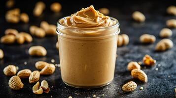 A delicious jar of creamy peanut butter surrounded by scattered peanuts. photo