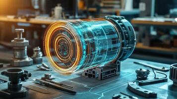 A high tech holographic display of machinery in a workshop setting. photo
