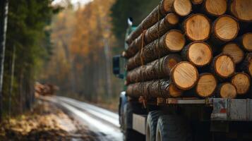 A truck loaded with logs drives along a quiet autumn forest road. photo
