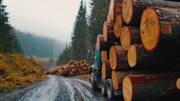 A truck loaded with logs on a misty forest road. photo