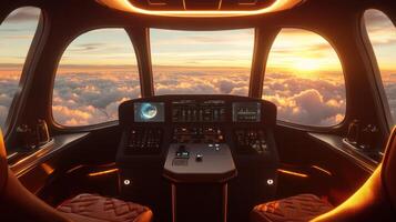 Stylish cockpit view above clouds at sunset, emphasizing luxury travel. photo