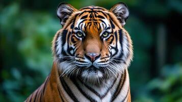 A majestic tiger gazes intensely in a lush natural setting. photo