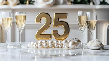Elegant anniversary setup with champagne and pearls on a marble table. photo