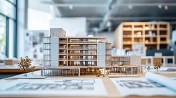 Architectural model showcasing a modern building design in a studio. photo