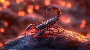 A shiny scorpion perched on a glowing rock amidst a warm atmosphere. photo