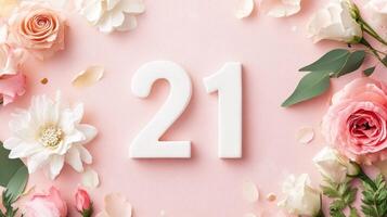 Elegant floral arrangement with the number 21 on a pink background. photo