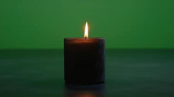 A glowing black candle against a green background creates a calming ambiance. photo