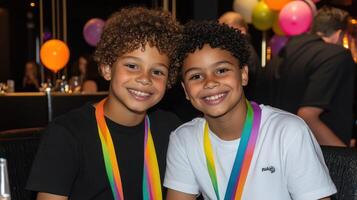 Two smiling children wearing rainbow sashes at a festive gathering. photo