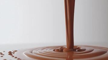 Smooth chocolate pouring into a round puddle, creating delightful textures. photo