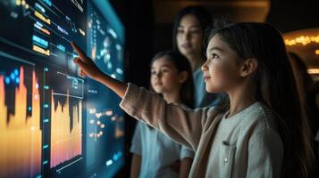 A girl interacts with a digital data display, showcasing curiosity and learning. photo