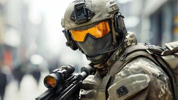 A tactical soldier in gear, focused and ready for action in an urban setting. photo